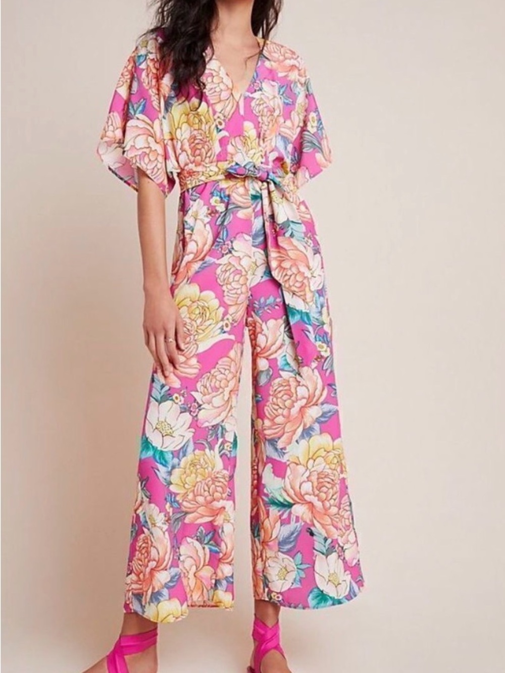 FARM Rio Pink Tropical Floral V-Neck Wide-Leg Jumpsuit with Tie Waist